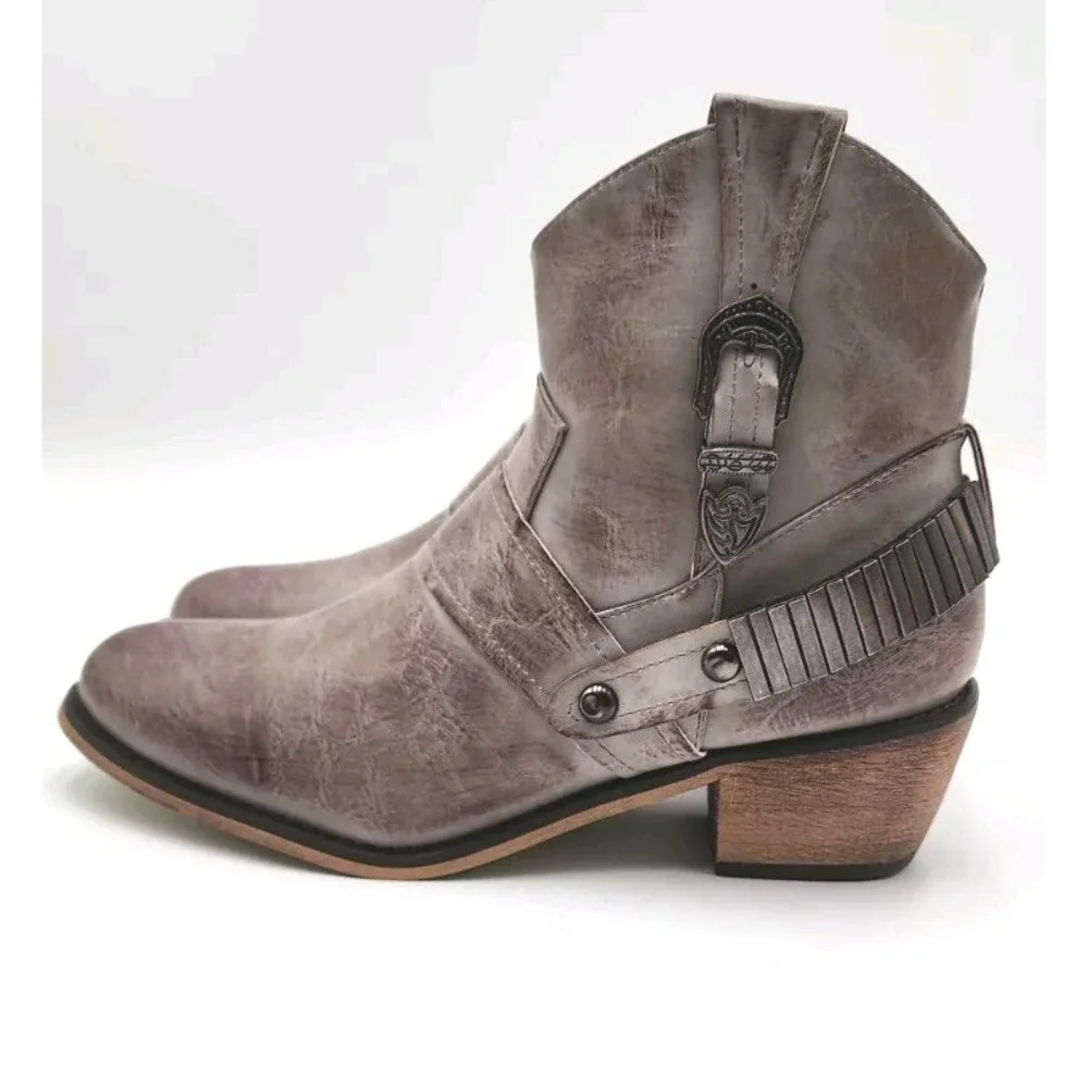 Vintage 93 Bentley B Ankle‎ Boots Buckle Jeans 7M Womens Taupe Side Zip NWT